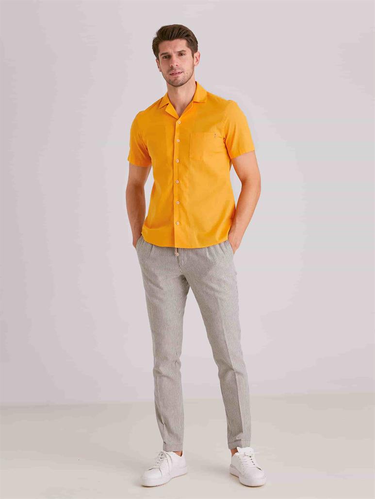 Hardal Erkek Slim Fit Düz Küba Yaka Kısa Kol Gömlek - 58164