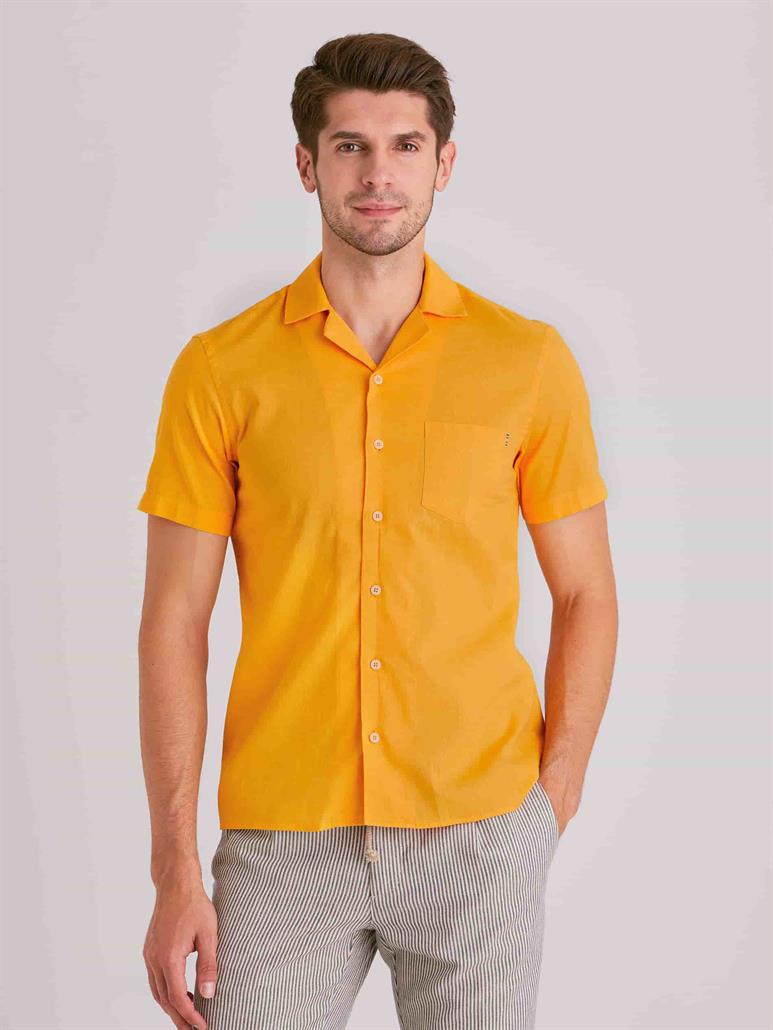 Hardal Erkek Slim Fit Düz Küba Yaka Kısa Kol Gömlek - 58164