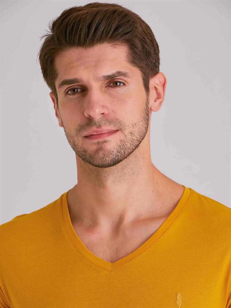 Hardal Erkek Slim Fit   V Yaka T-shirt - 36427