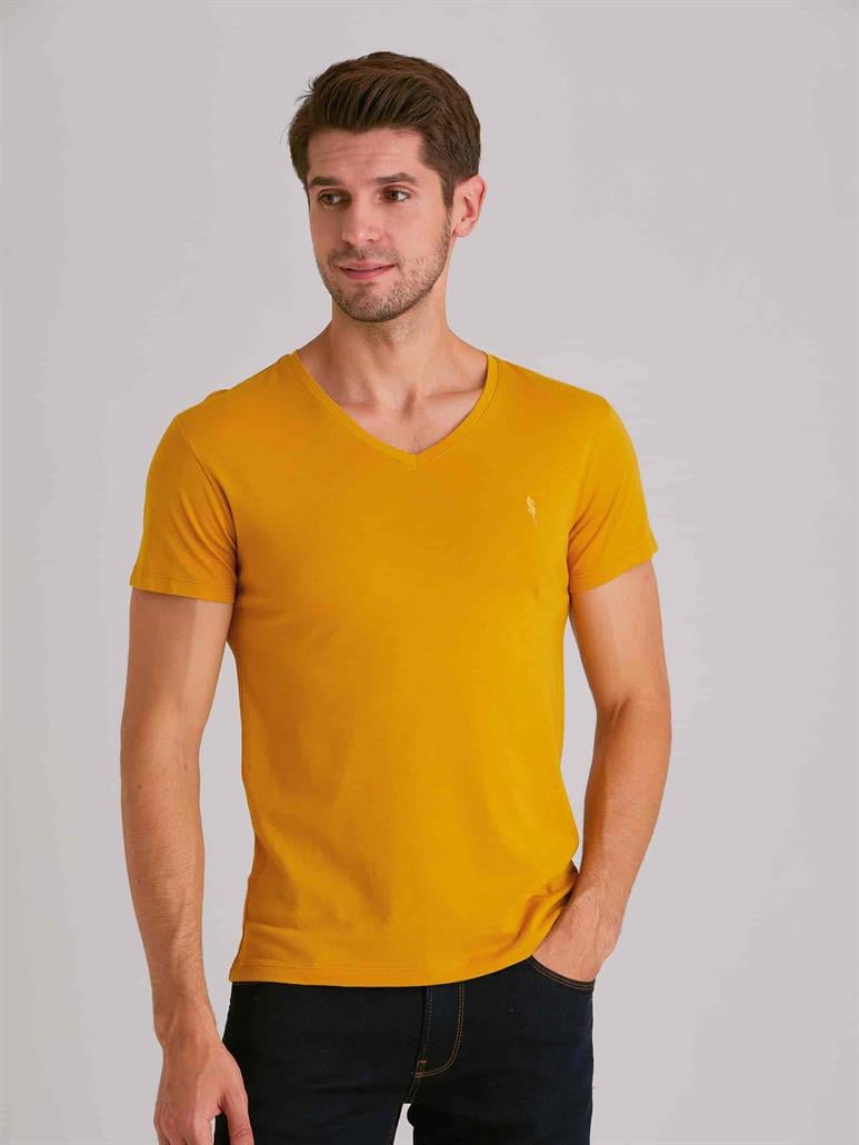 Hardal Erkek Slim Fit   V Yaka T-shirt - 36427