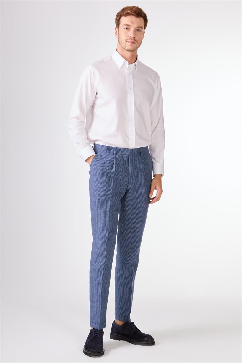 İndigo Erkek Slim Fit Çizgili Keten Pantolon 