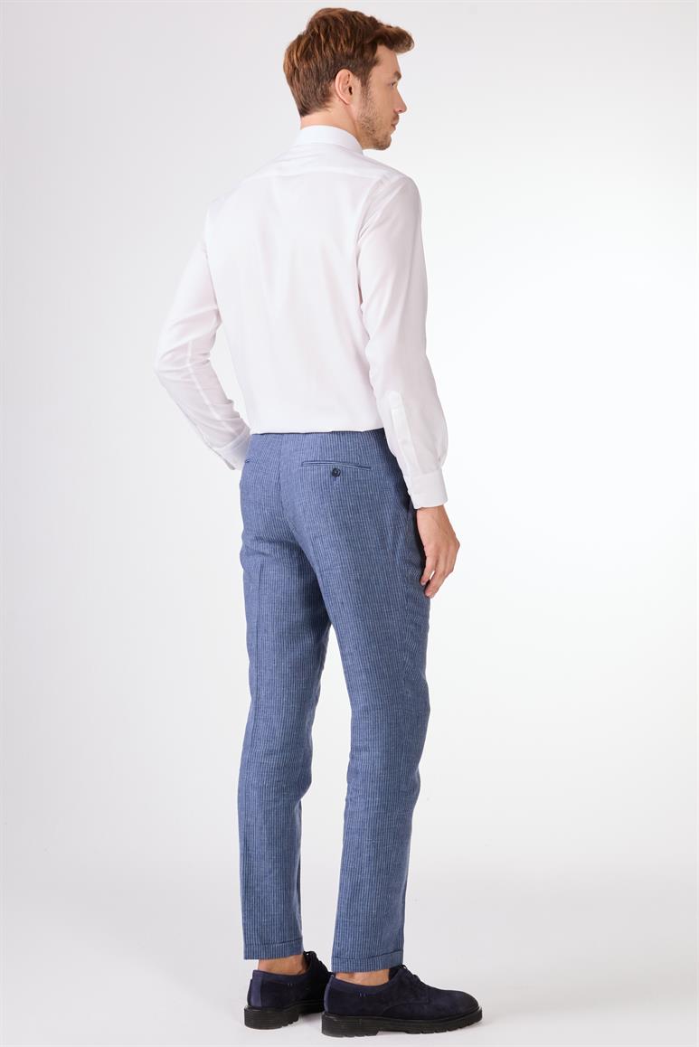 İndigo Erkek Slim Fit Çizgili Keten Pantolon 