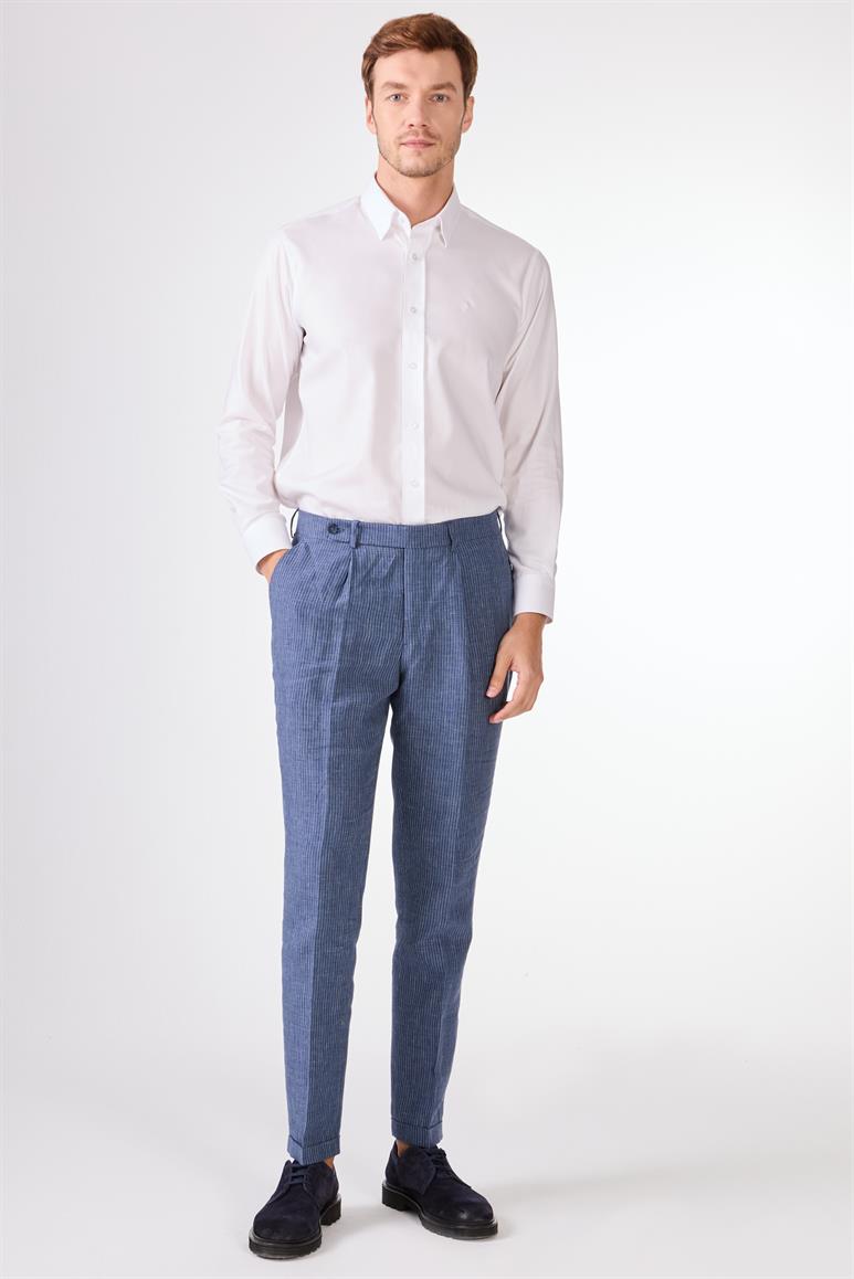 İndigo Erkek Slim Fit Çizgili Keten Pantolon 