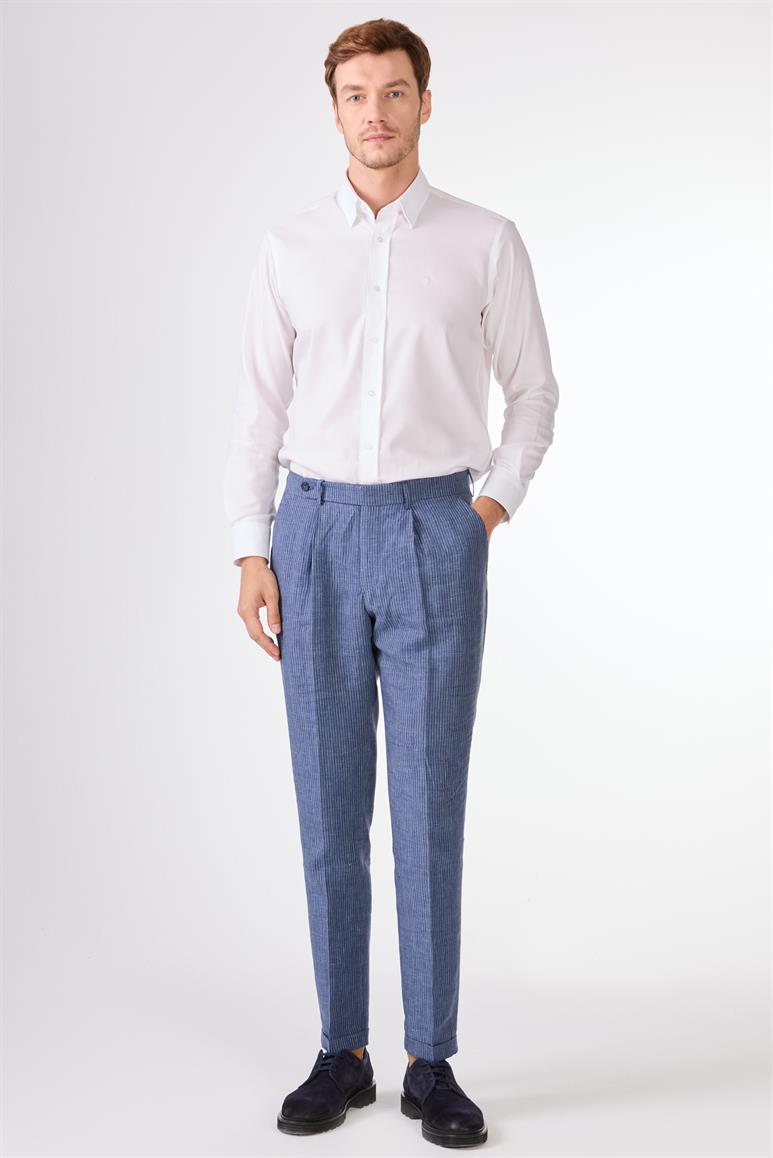 İndigo Erkek Slim Fit Çizgili Keten Pantolon 