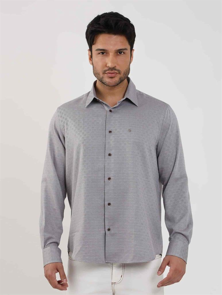 Kahverengi Erkek Regular Fit Armürlü Düğmeli Yaka Uzun Kol Gömlek 