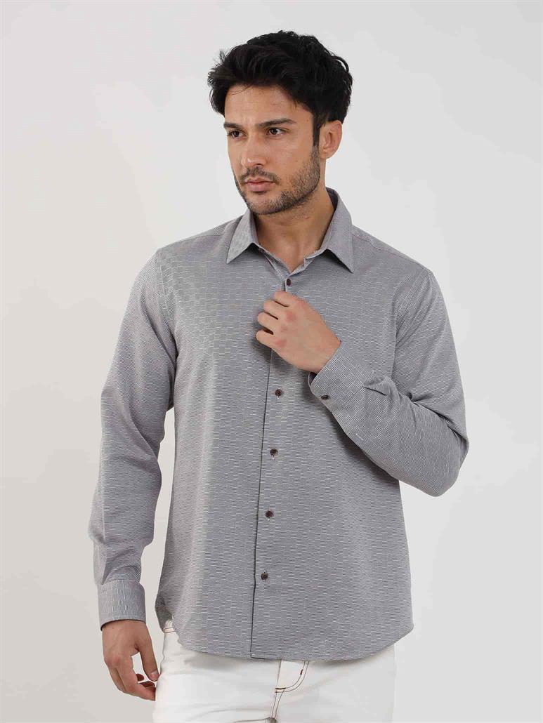 Kahverengi Erkek Regular Fit Armürlü Düğmeli Yaka Uzun Kol Gömlek 