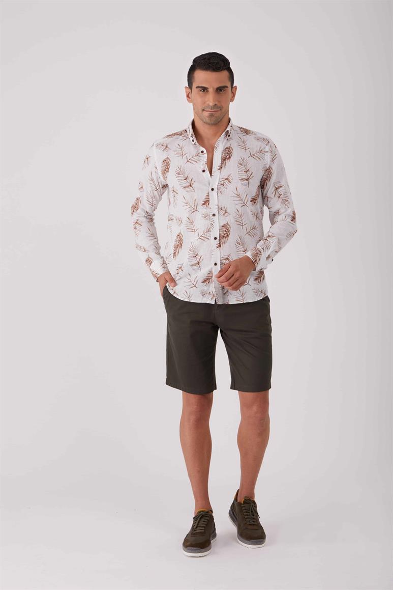 Kahverengi Erkek Regular Fit Desenli Brent Düğmeli Yaka Uzun Kol Gömlek 