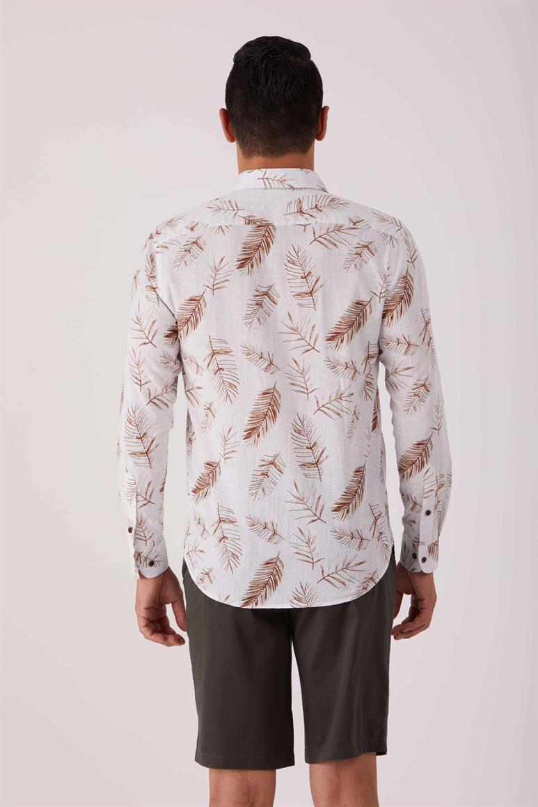 Kahverengi Erkek Regular Fit Desenli Brent Düğmeli Yaka Uzun Kol Gömlek 