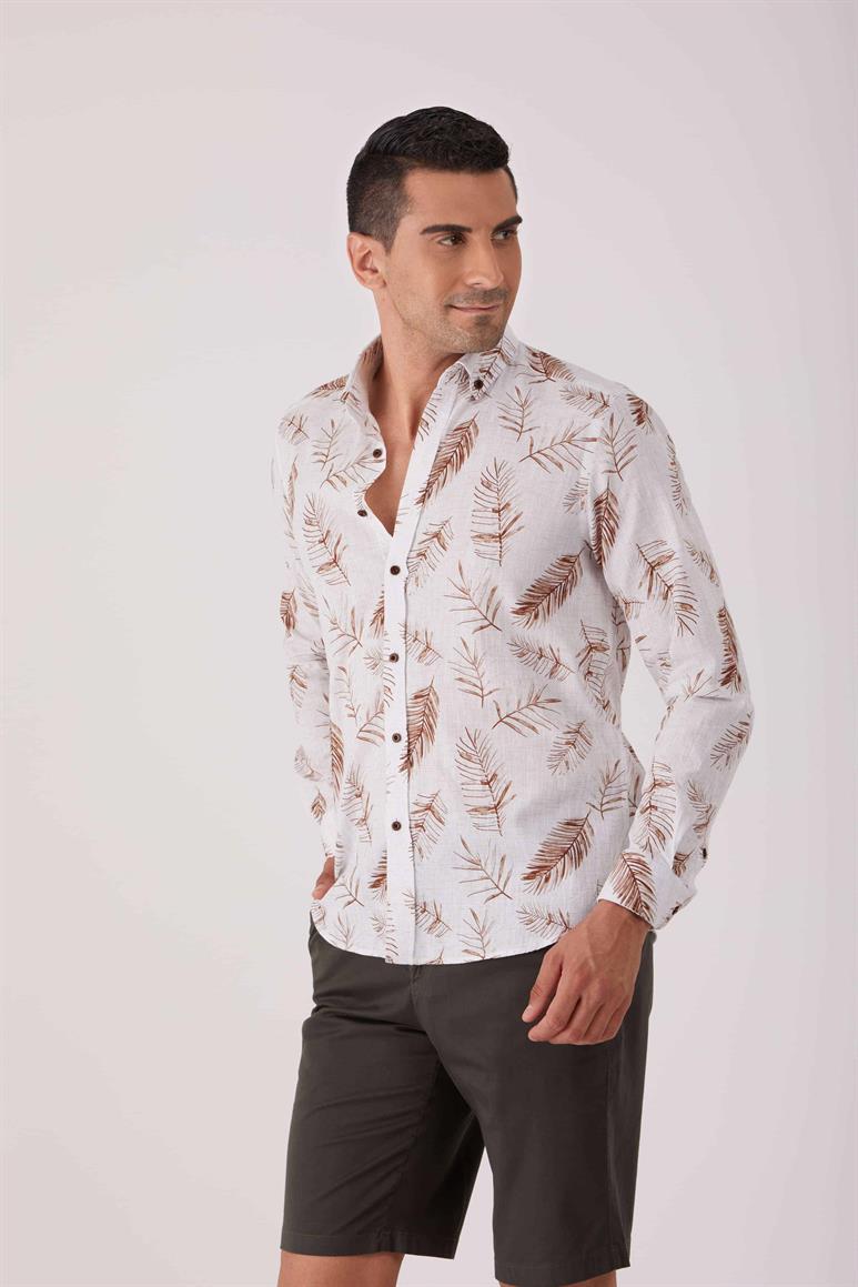 Kahverengi Erkek Regular Fit Desenli Brent Düğmeli Yaka Uzun Kol Gömlek 