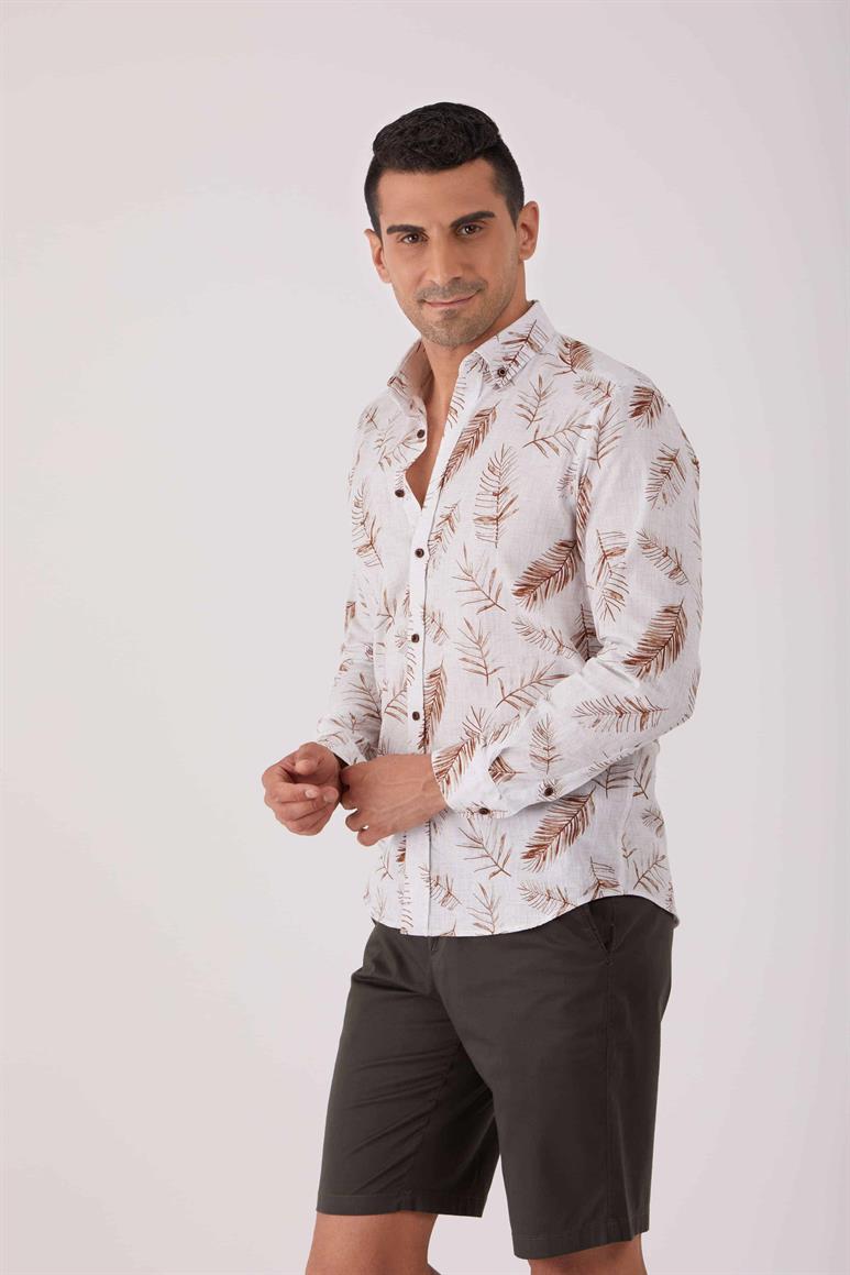 Kahverengi Erkek Regular Fit Desenli Brent Düğmeli Yaka Uzun Kol Gömlek 