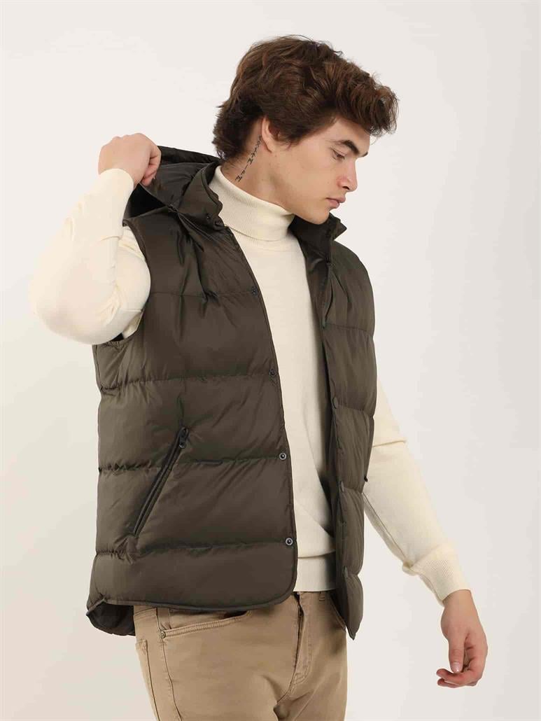 Kahverengi Erkek Regular Fit Düz Kapüşolu Yelek Mont 