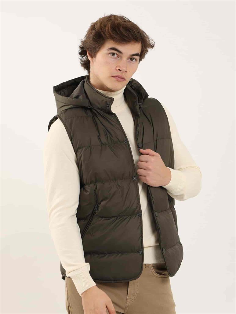 Kahverengi Erkek Regular Fit Düz Kapüşolu Yelek Mont 