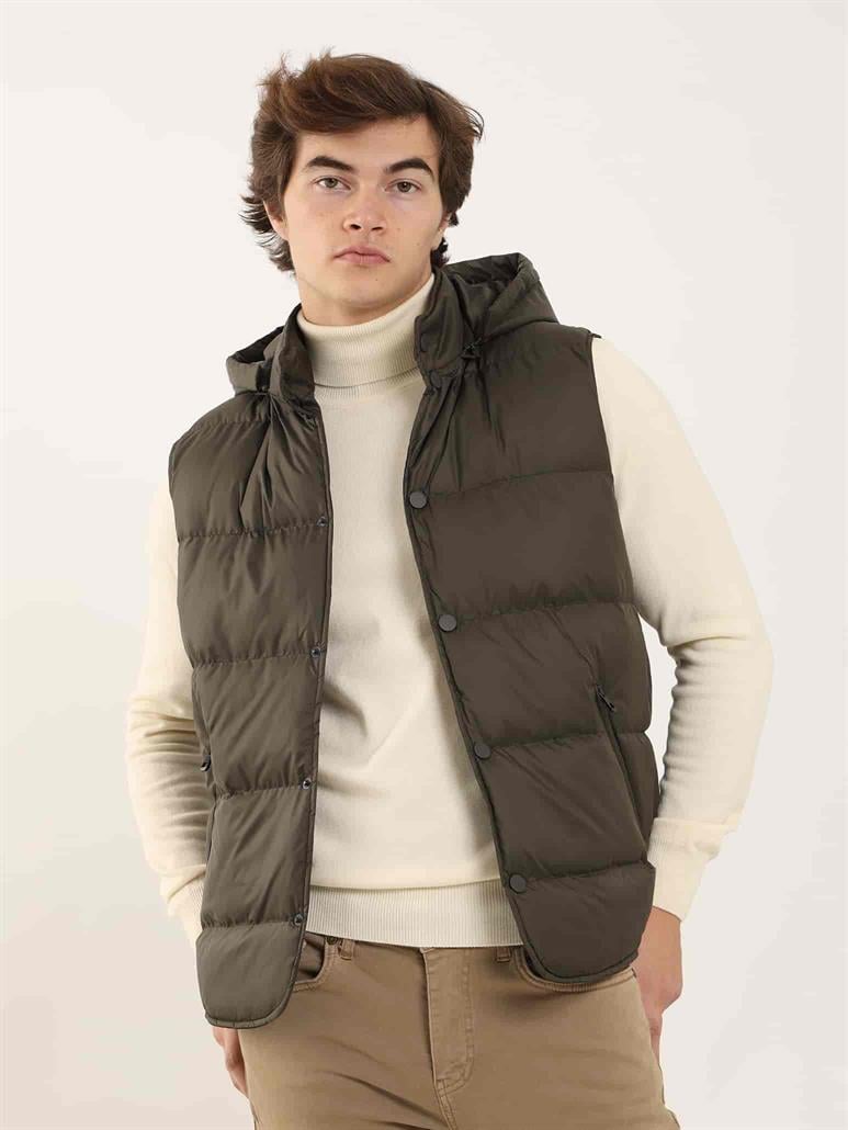 Kahverengi Erkek Regular Fit Düz Kapüşolu Yelek Mont 