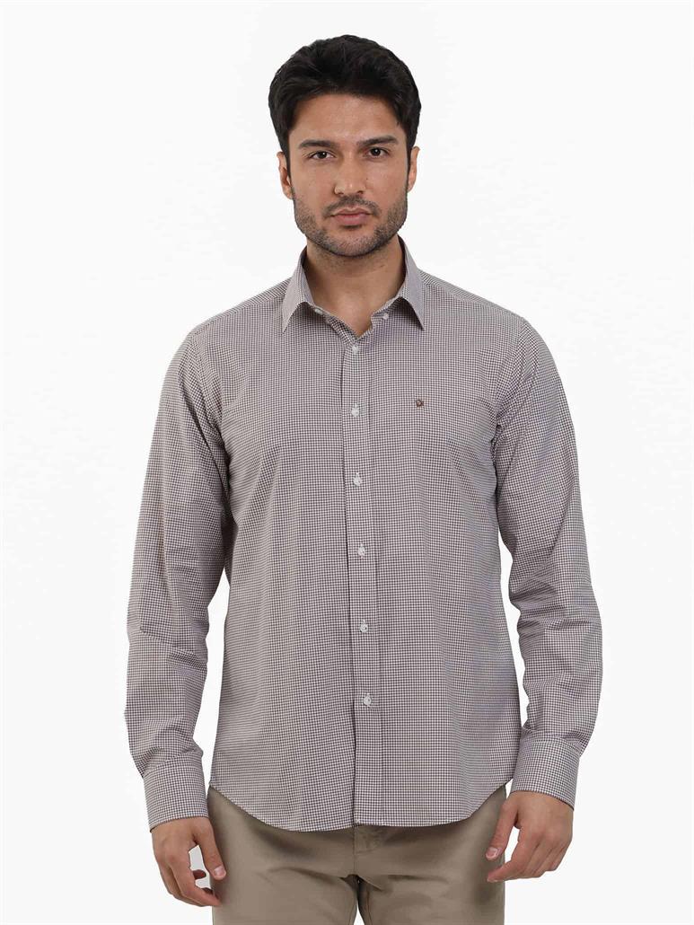 Kahverengi Erkek Regular Fit Pitikare Desenli Düğmeli Yaka Uzun Kol Gömlek 