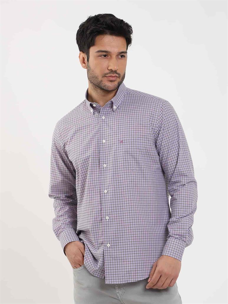 Kahverengi Erkek Regular Fit Pitikare Desenli Düğmeli Yaka Uzun Kol Gömlek 