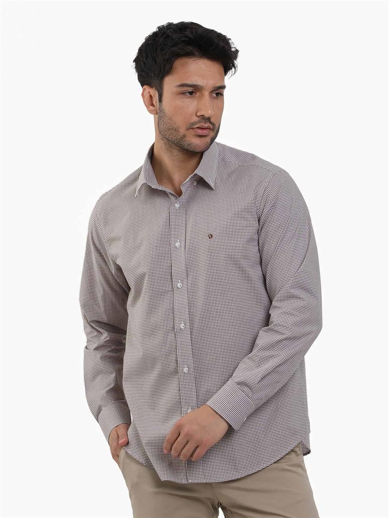 Kahverengi Erkek Regular Fit Pitikare Desenli Düğmeli Yaka Uzun Kol Gömlek 
