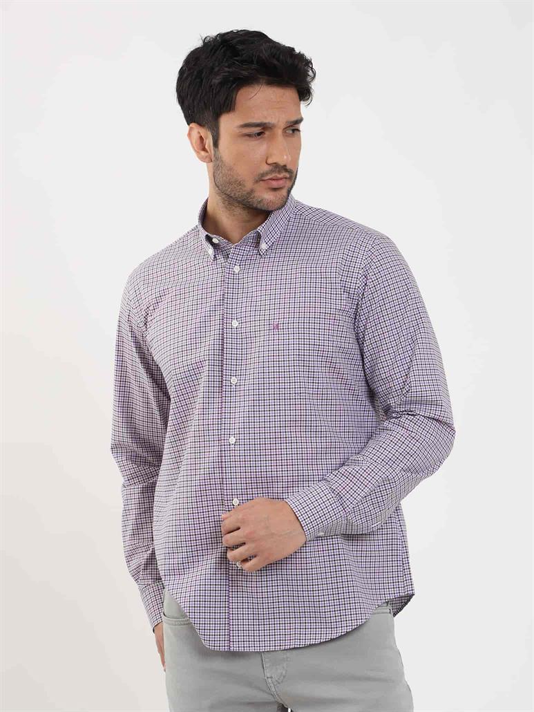 Kahverengi Erkek Regular Fit Pitikare Desenli Düğmeli Yaka Uzun Kol Gömlek 