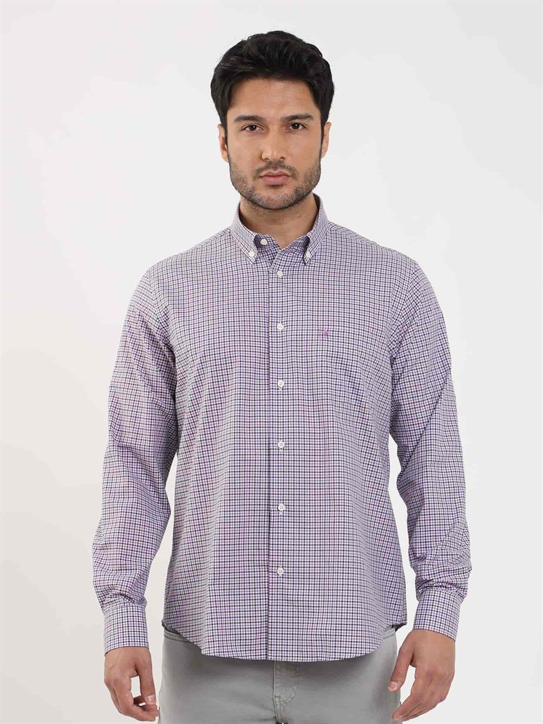 Kahverengi Erkek Regular Fit Pitikare Desenli Düğmeli Yaka Uzun Kol Gömlek 