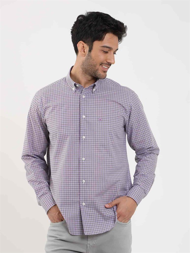 Kahverengi Erkek Regular Fit Pitikare Desenli Düğmeli Yaka Uzun Kol Gömlek 