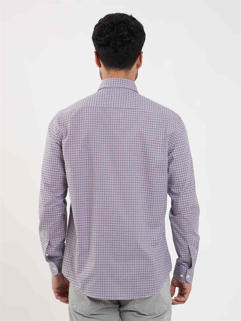 Kahverengi Erkek Regular Fit Pitikare Desenli Düğmeli Yaka Uzun Kol Gömlek 