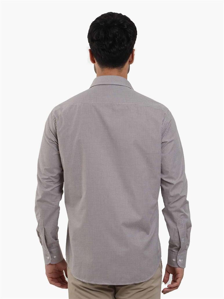 Kahverengi Erkek Regular Fit Pitikare Desenli Düğmeli Yaka Uzun Kol Gömlek 