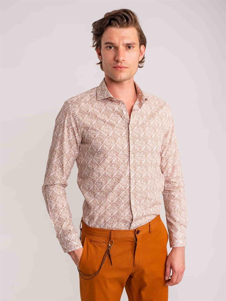 Kahverengi Erkek Slim Fit Baskılı Paul Yaka Uzun Kol Gömlek - 60643