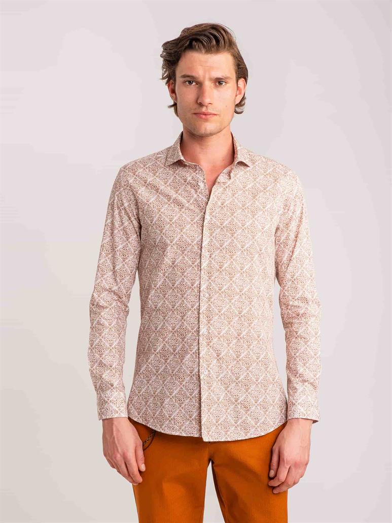 Kahverengi Erkek Slim Fit Baskılı Paul Yaka Uzun Kol Gömlek - 60643