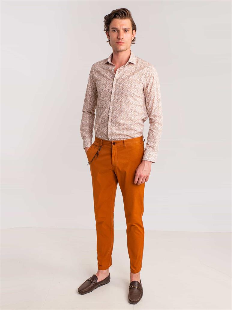 Kahverengi Erkek Slim Fit Baskılı Paul Yaka Uzun Kol Gömlek - 60643