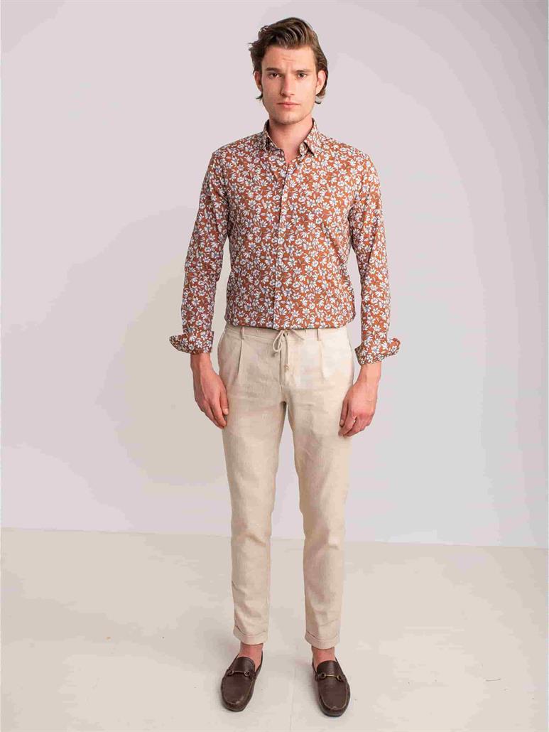 Kahverengi Erkek Slim Fit Çiçek Desenli Brent Alttan Düğmeli Yaka Uzun Kol Gömlek - 60865