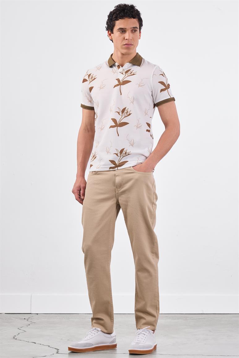 Kahverengi Erkek Slim Fit Çiçek Desenli Casual Polo Yaka T-shirt 
