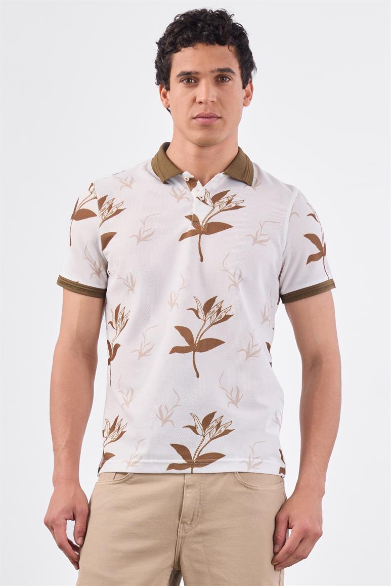 Kahverengi Erkek Slim Fit Çiçek Desenli Casual Polo Yaka T-shirt 