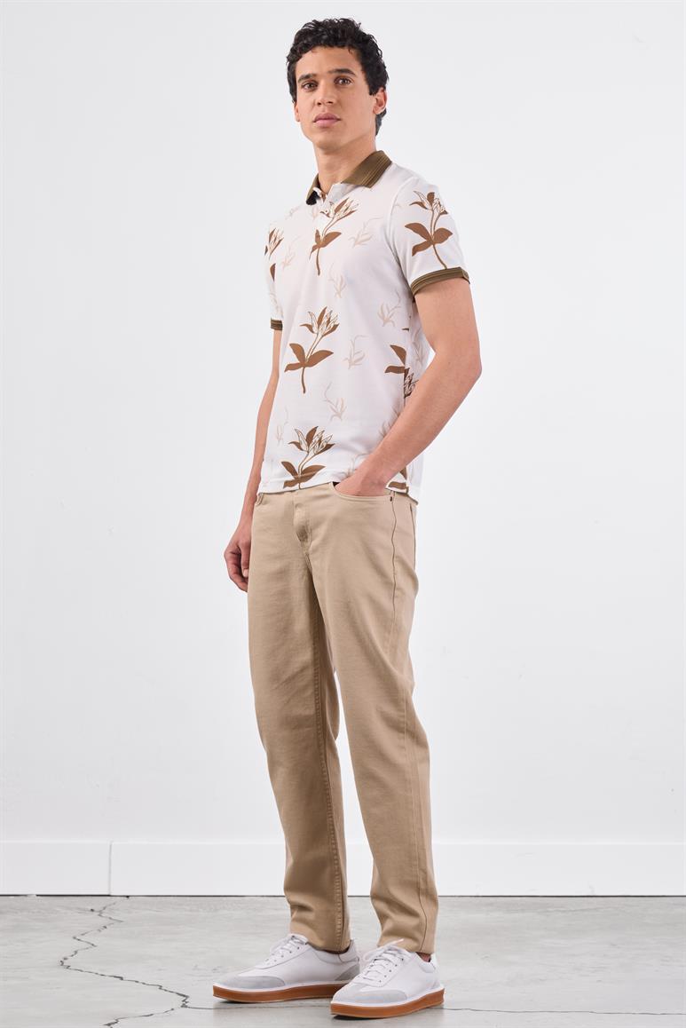 Kahverengi Erkek Slim Fit Çiçek Desenli Casual Polo Yaka T-shirt 