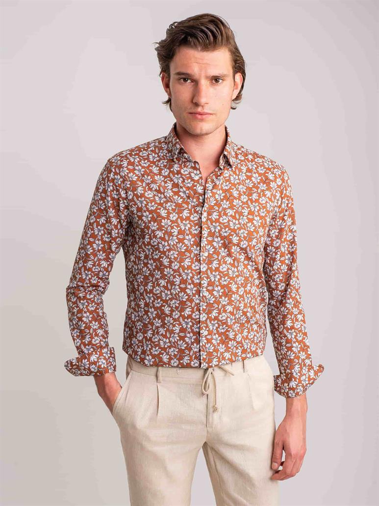 Kahverengi Erkek Slim Fit Çiçek Desenli Brent Alttan Düğmeli Yaka Uzun Kol Gömlek - 60865
