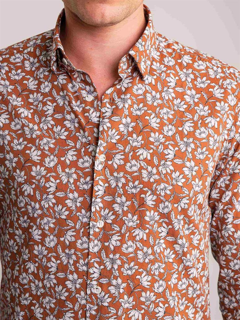 Kahverengi Erkek Slim Fit Çiçek Desenli Brent Alttan Düğmeli Yaka Uzun Kol Gömlek - 60865