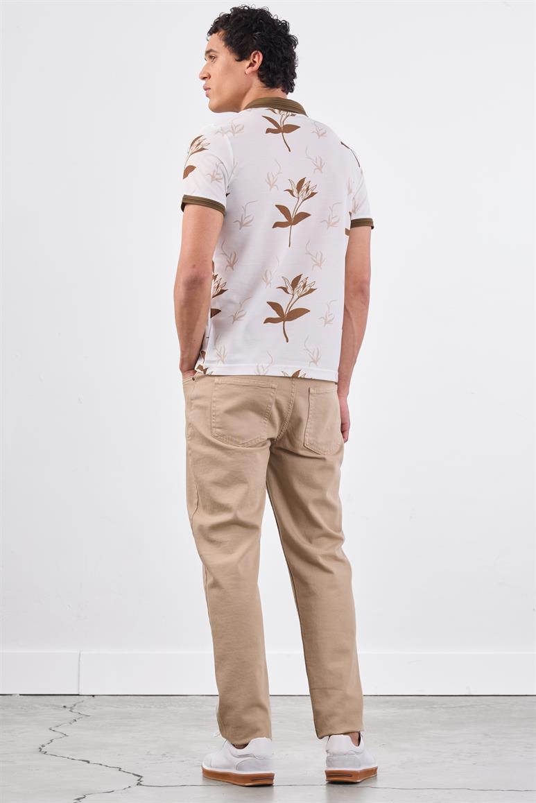 Kahverengi Erkek Slim Fit Çiçek Desenli Casual Polo Yaka T-shirt 