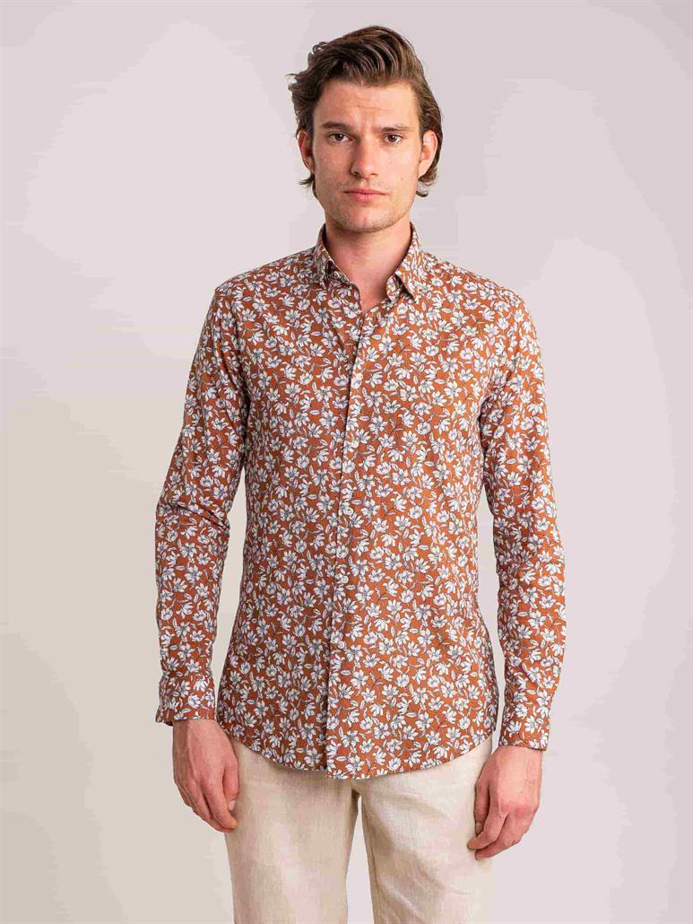 Kahverengi Erkek Slim Fit Çiçek Desenli Brent Alttan Düğmeli Yaka Uzun Kol Gömlek - 60865
