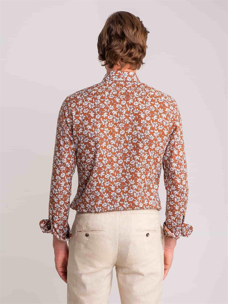 Kahverengi Erkek Slim Fit Çiçek Desenli Brent Alttan Düğmeli Yaka Uzun Kol Gömlek - 60865
