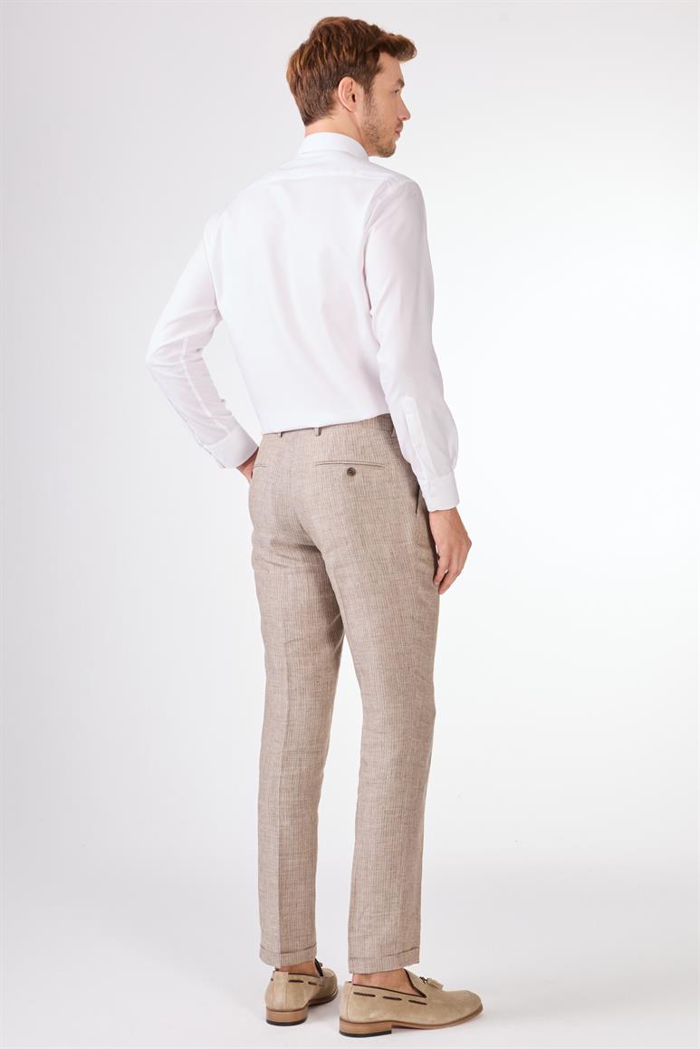 Kahverengi Erkek Slim Fit Çizgili Keten Pantolon 