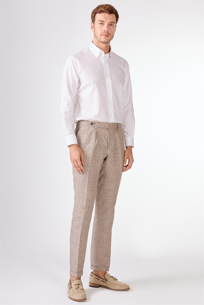 Kahverengi Erkek Slim Fit Çizgili Keten Pantolon 