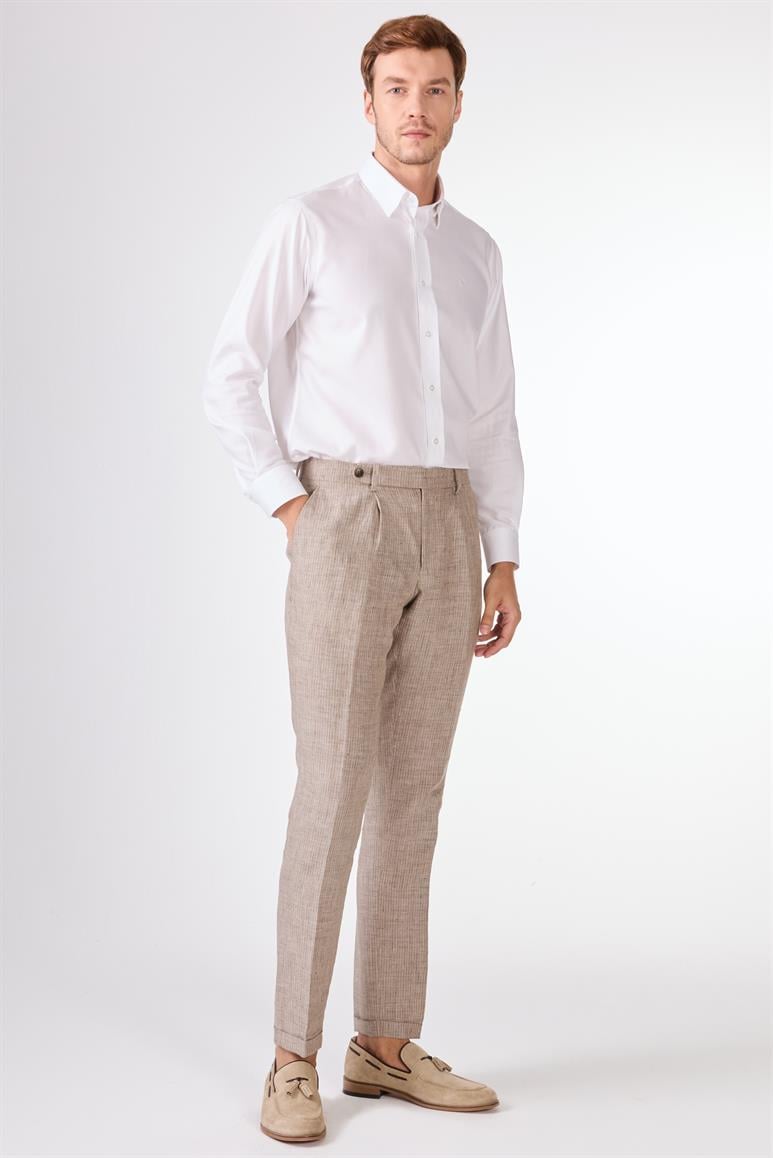 Kahverengi Erkek Slim Fit Çizgili Keten Pantolon 