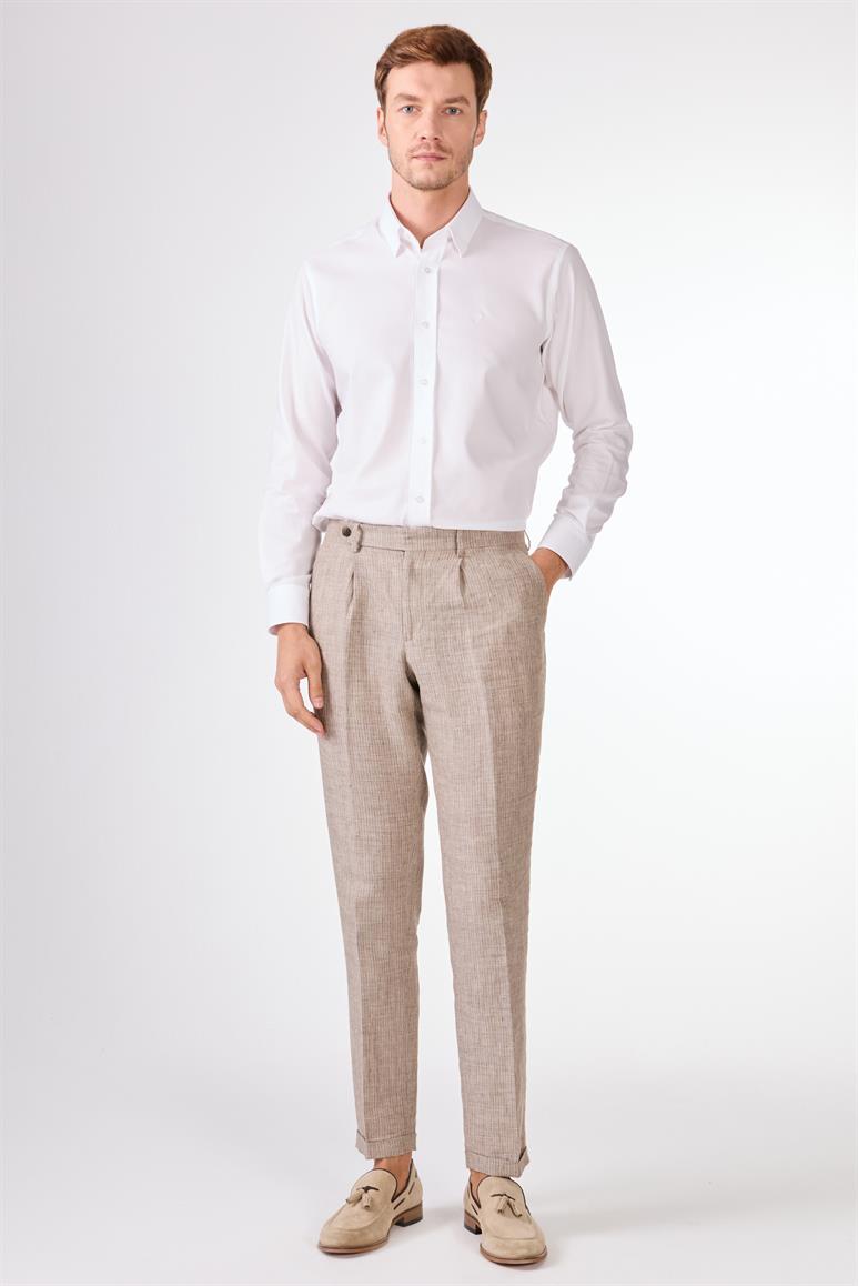 Kahverengi Erkek Slim Fit Çizgili Keten Pantolon 