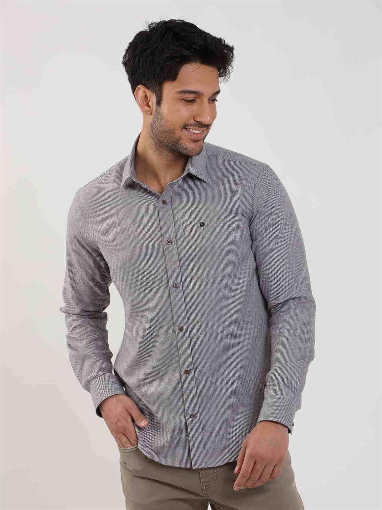 Kahverengi Erkek Slim Fit Kareli Brent Yaka Uzun Kol Gömlek 