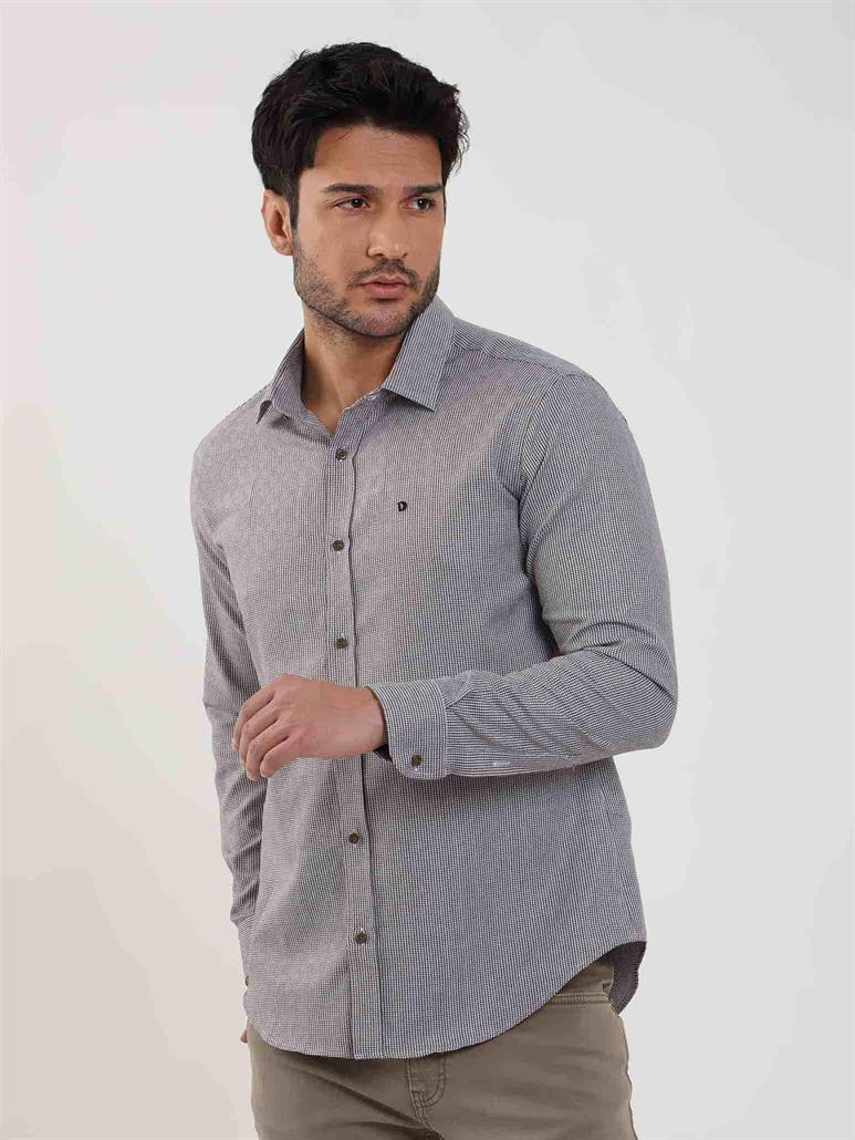 Kahverengi Erkek Slim Fit Kareli Brent Yaka Uzun Kol Gömlek 