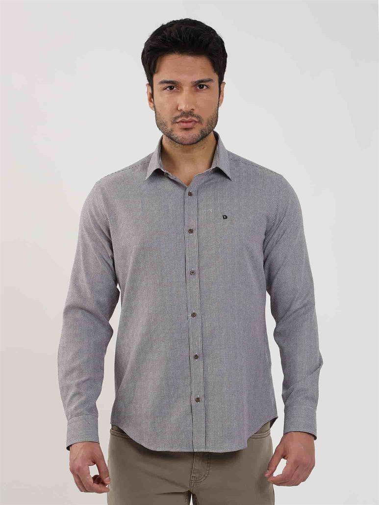 Kahverengi Erkek Slim Fit Kareli Brent Yaka Uzun Kol Gömlek 