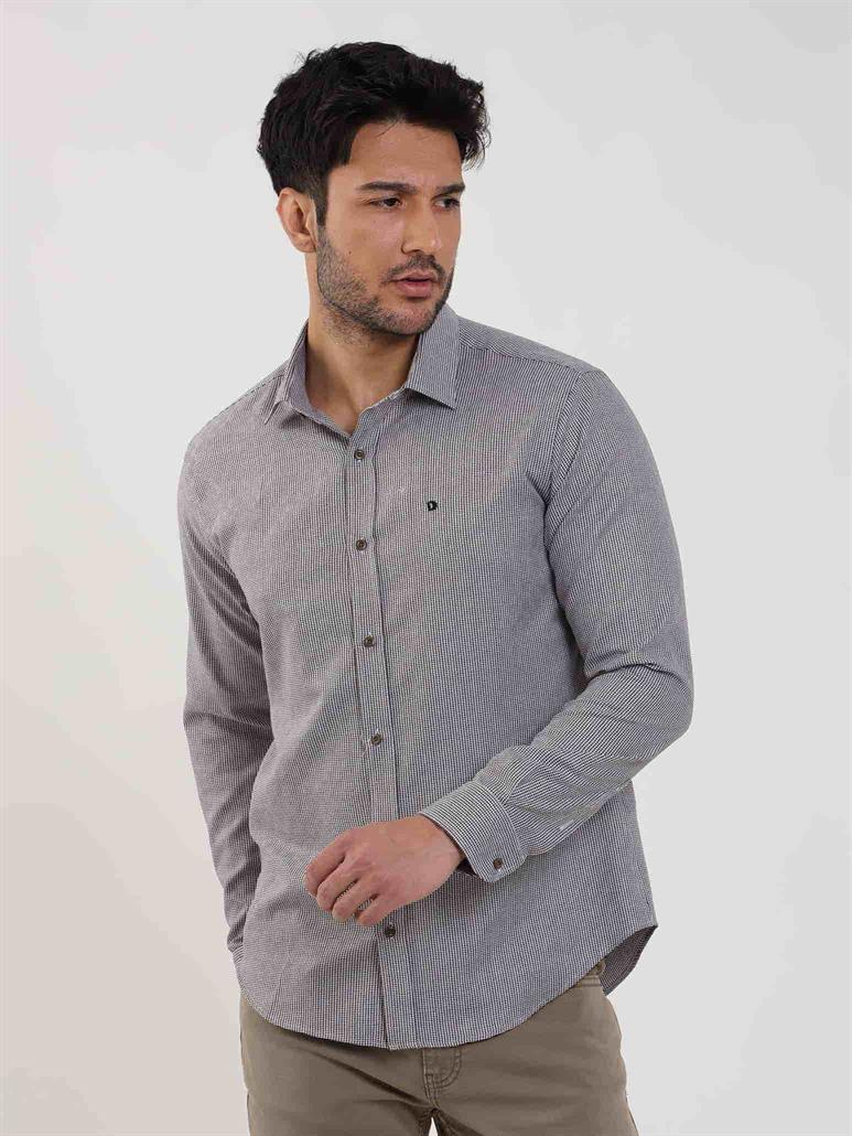 Kahverengi Erkek Slim Fit Kareli Brent Yaka Uzun Kol Gömlek 