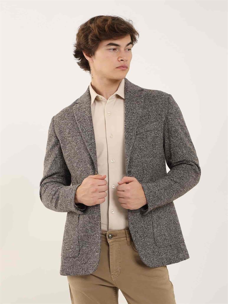 Kahverengi Erkek Slim Fit Melanj Desenli Casual Mono Yaka Ceket 