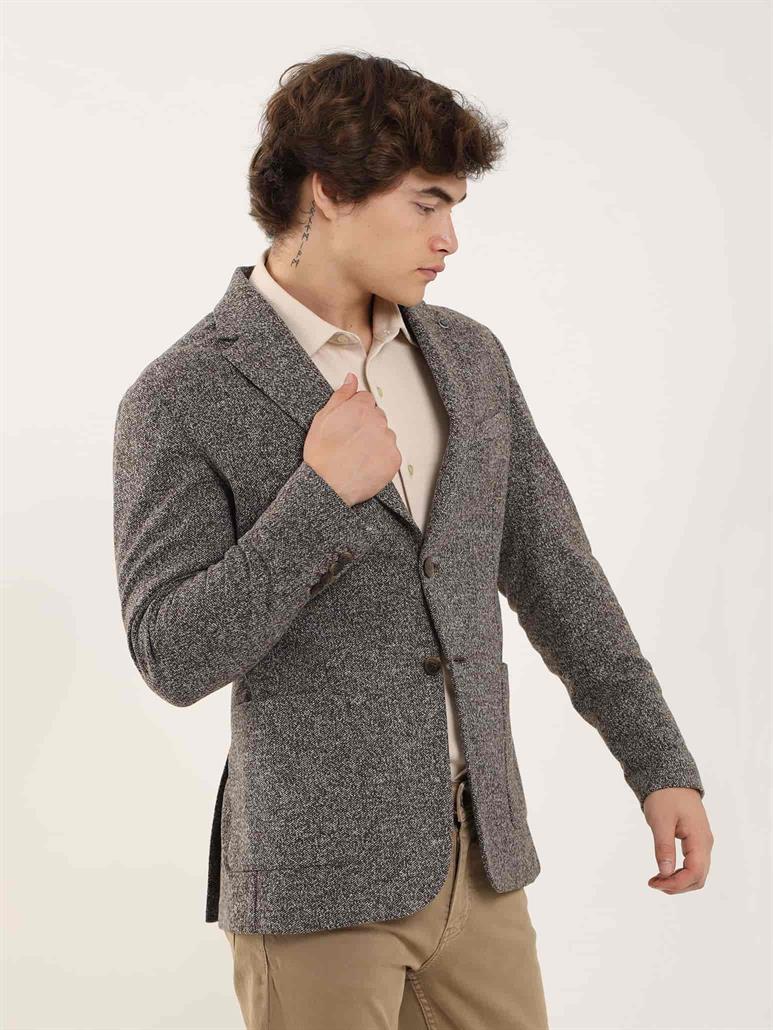 Kahverengi Erkek Slim Fit Melanj Desenli Casual Mono Yaka Ceket 