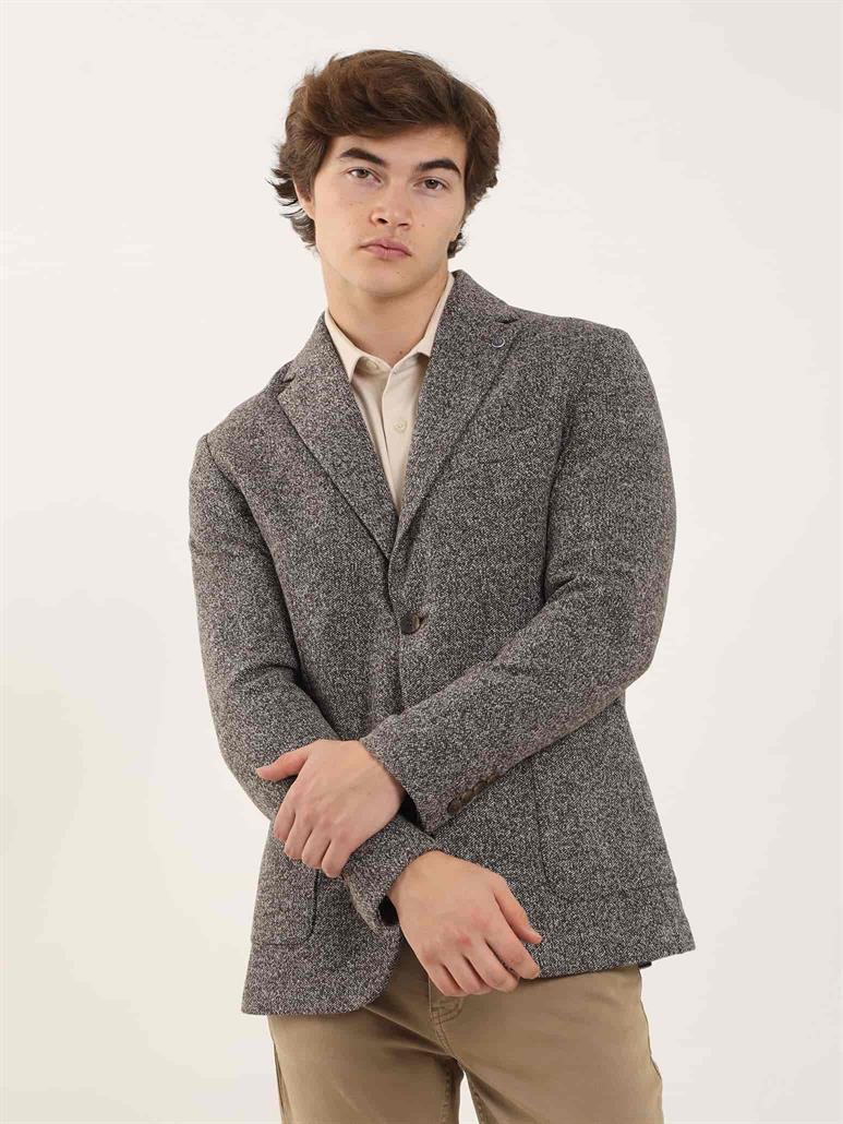 Kahverengi Erkek Slim Fit Melanj Desenli Casual Mono Yaka Ceket 