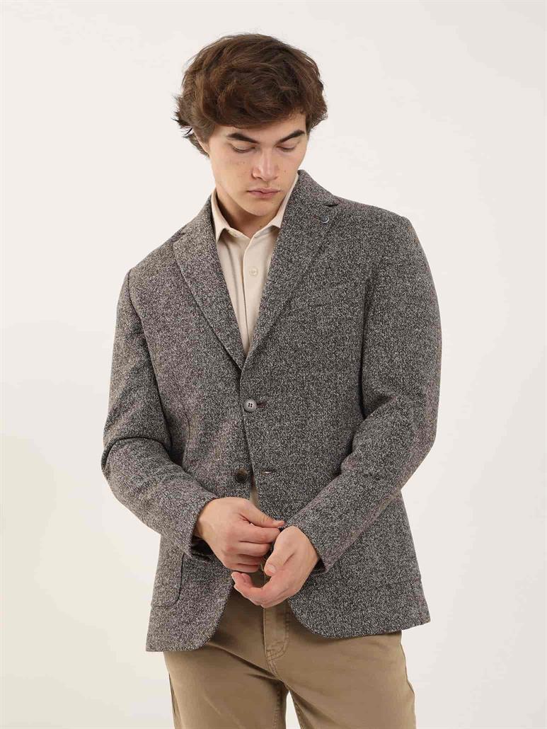 Kahverengi Erkek Slim Fit Melanj Desenli Casual Mono Yaka Ceket 