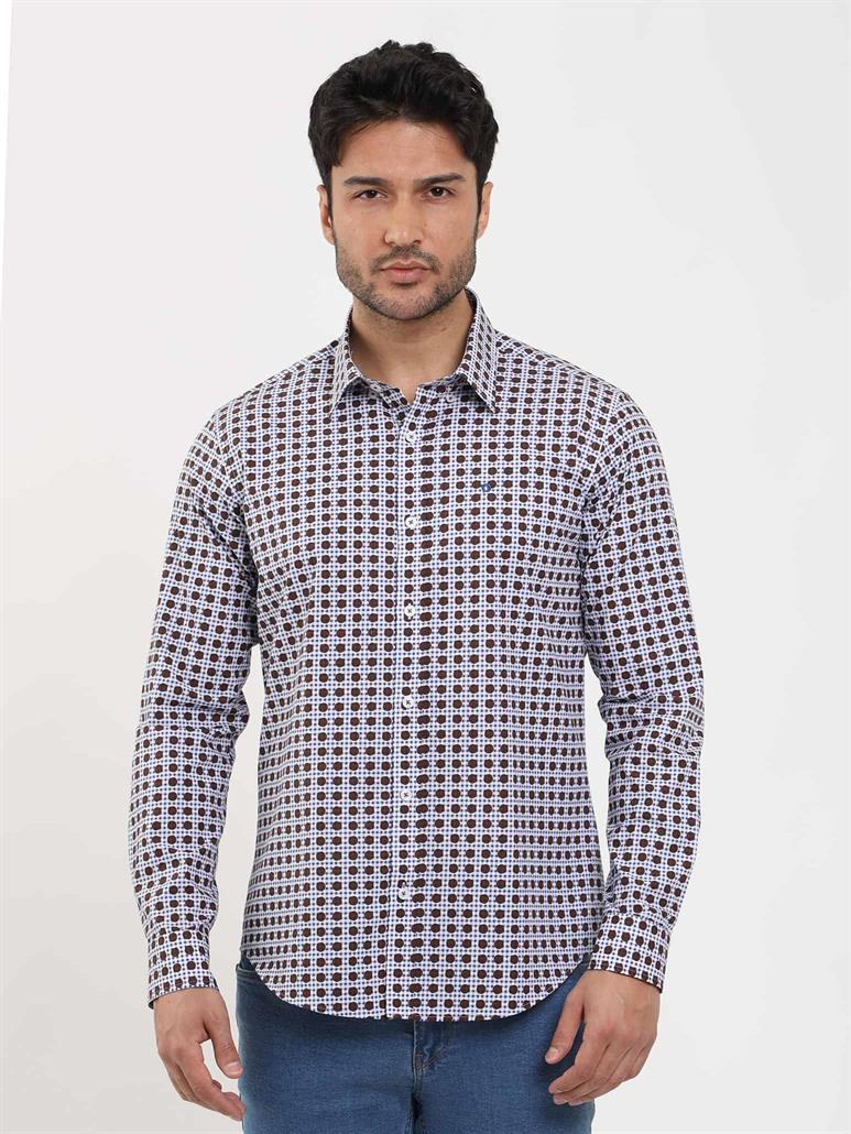 Kahverengi Erkek Slim Fit Puantiyeli Brent Düğmeli Yaka Uzun Kol Gömlek 